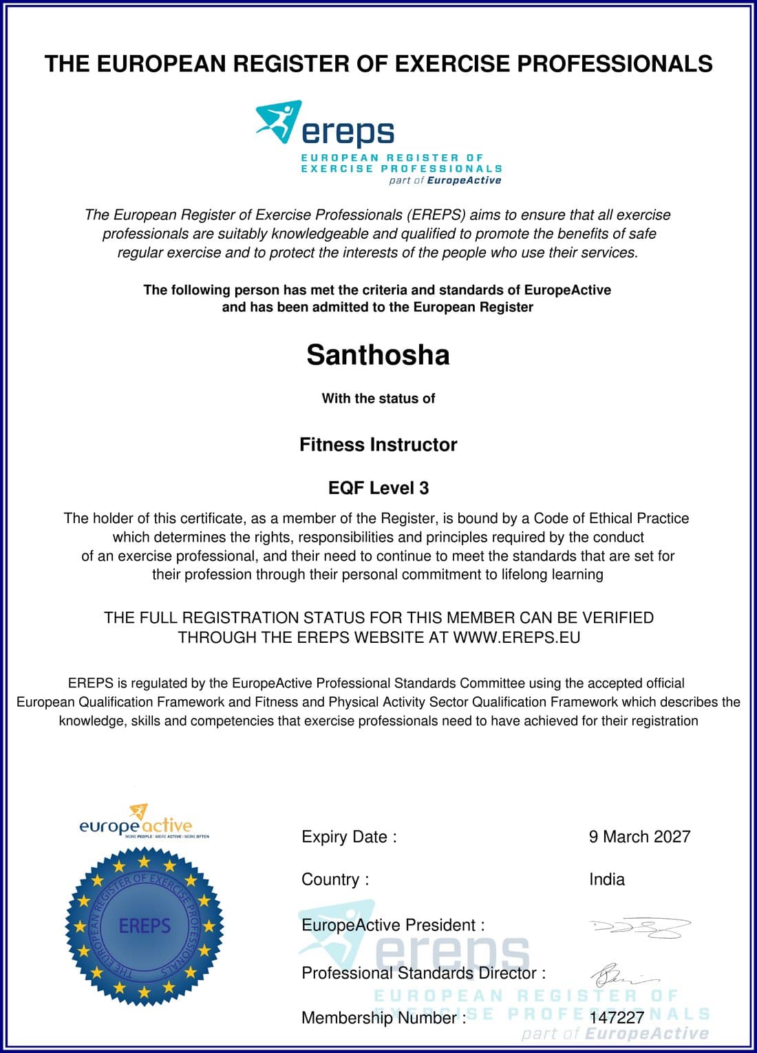 Fitness Instructor certificate, European Register of Exercise Professionals · EuropeActive